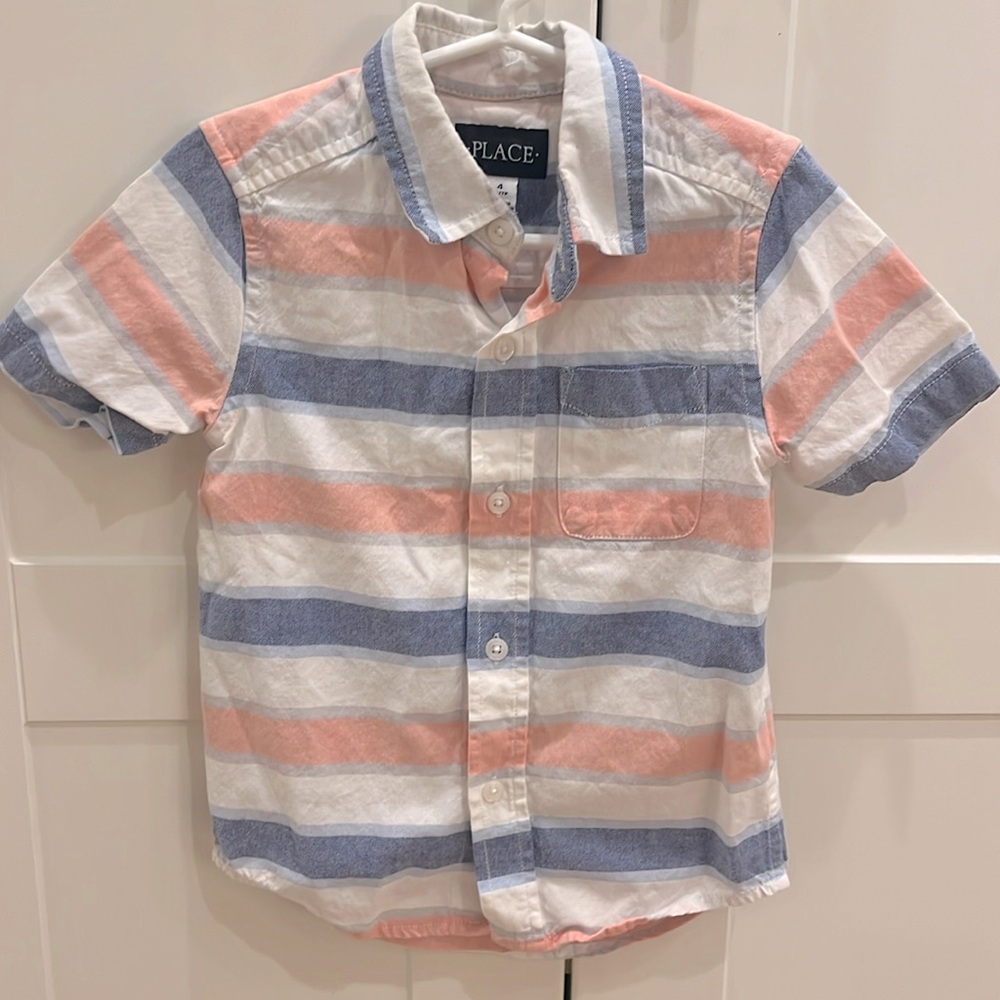 Salmon, blue & white stripe short-sleeved all cotton size 4 (XS) button up shirt